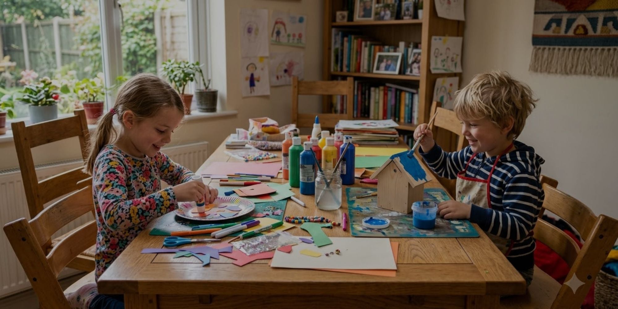 Kids doing crafts at table