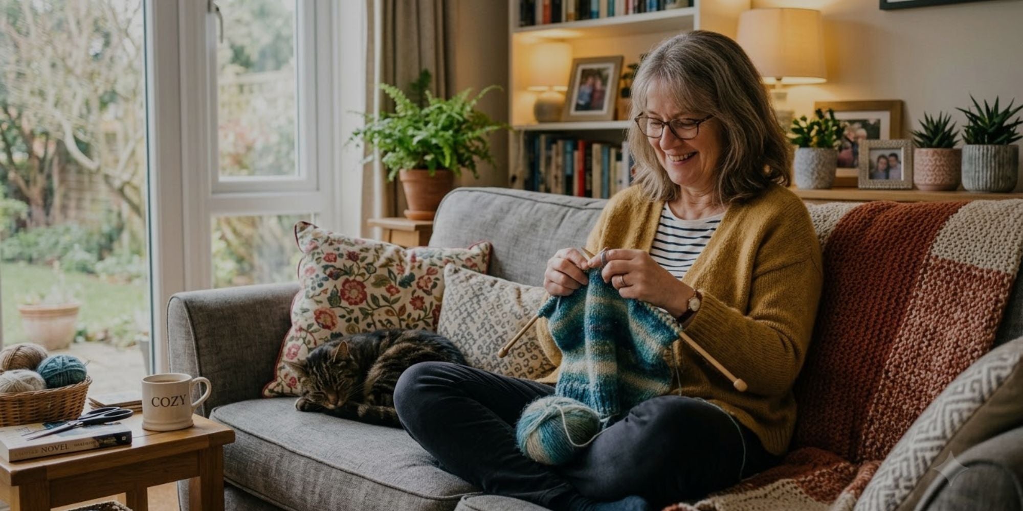 A woman with glasses sits on a gray sofa in a cozy living room, knitting with blue and green plaid yarn. She wears a mustard yellow cardigan over a striped shirt.